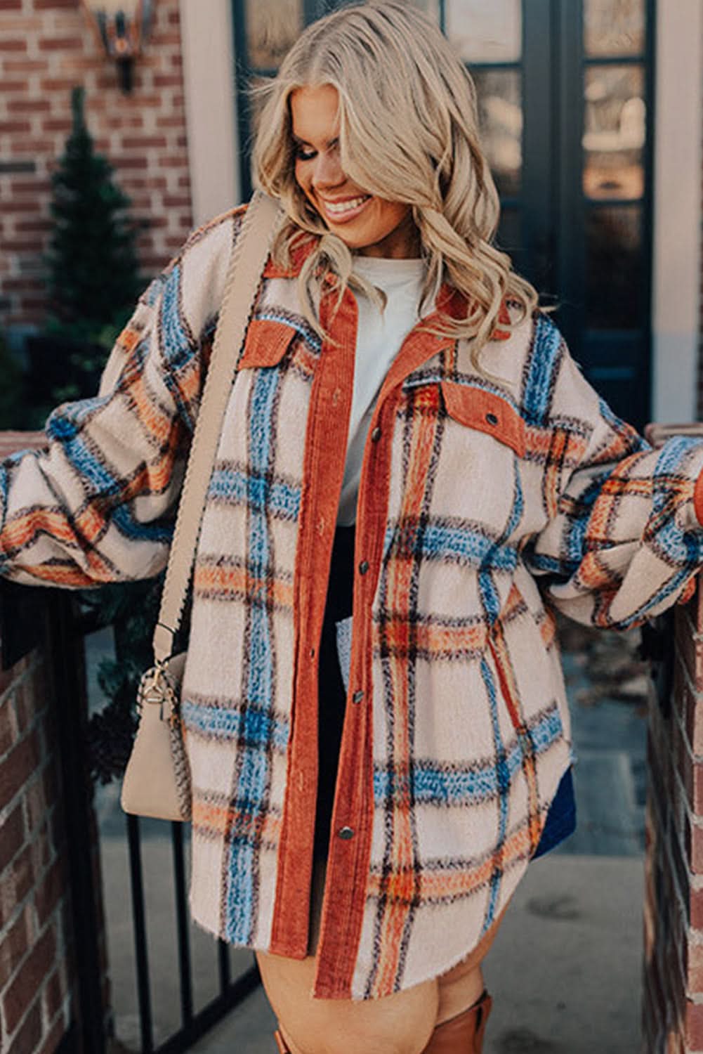 Brown stripe plus size plaid jacket - Love Salve
